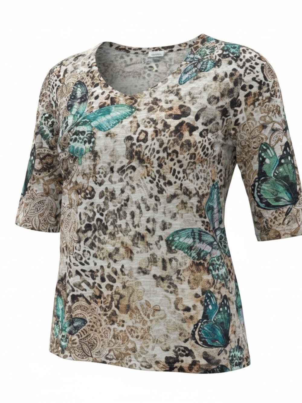 Women’s V-Neck Butterfly Print Top - Teal & Beige with Rhinestones